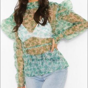 Green Organza Long Sleeve Top